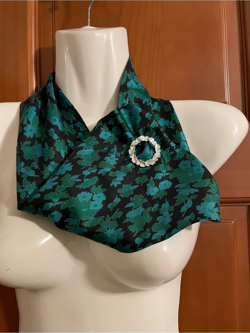Vintage Sally Gee Infinity Silk Floral Scarf  - Green/Black